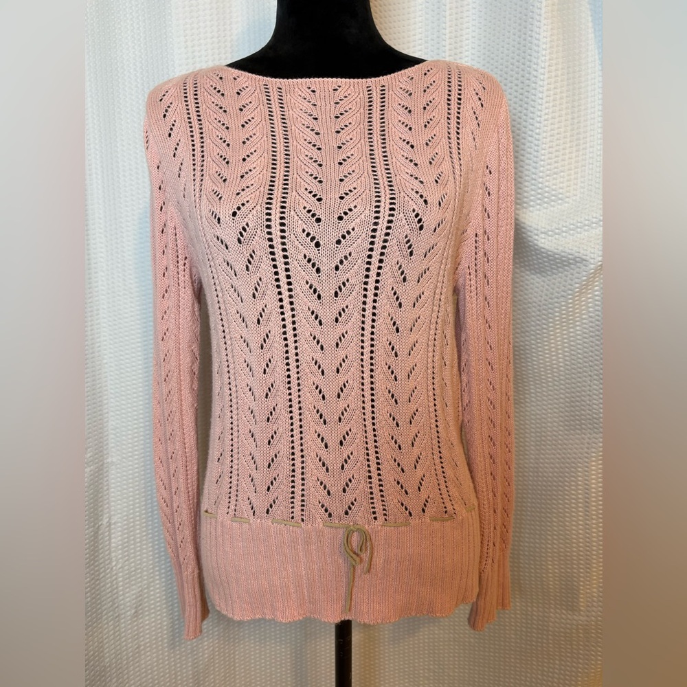 New York & Co ramie & cotton blend pink open knit sweater drawstring hem boho M